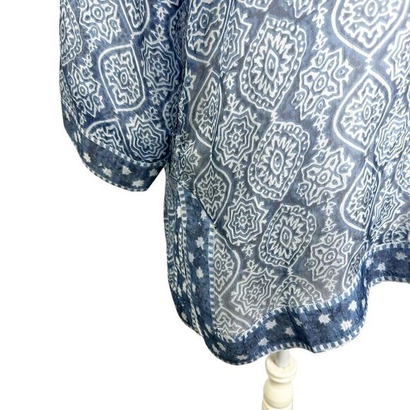 Gretchen Scott Blue Print Silk Tunic Top Semi Sheer Resort Beachy Size L - Picture 6 of 9